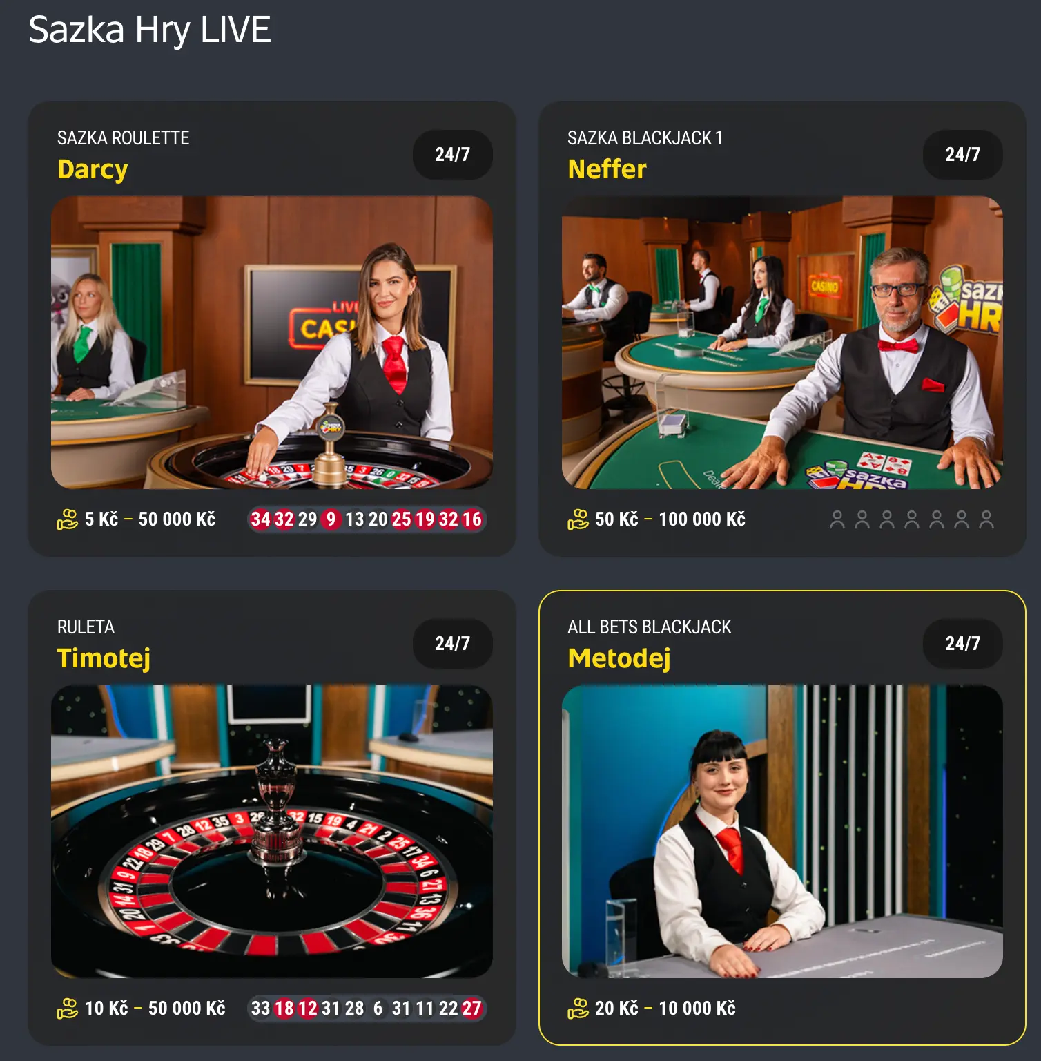 Radioservis Hry LIVE – živá ruleta a blackjack s profesionálními krupiéry dostupné 24/7 Čtyři živé hry v Radioservis Hry LIVE: ruleta a blackjack s krupiéry Darcy, Neffer, Timotej a Metodej